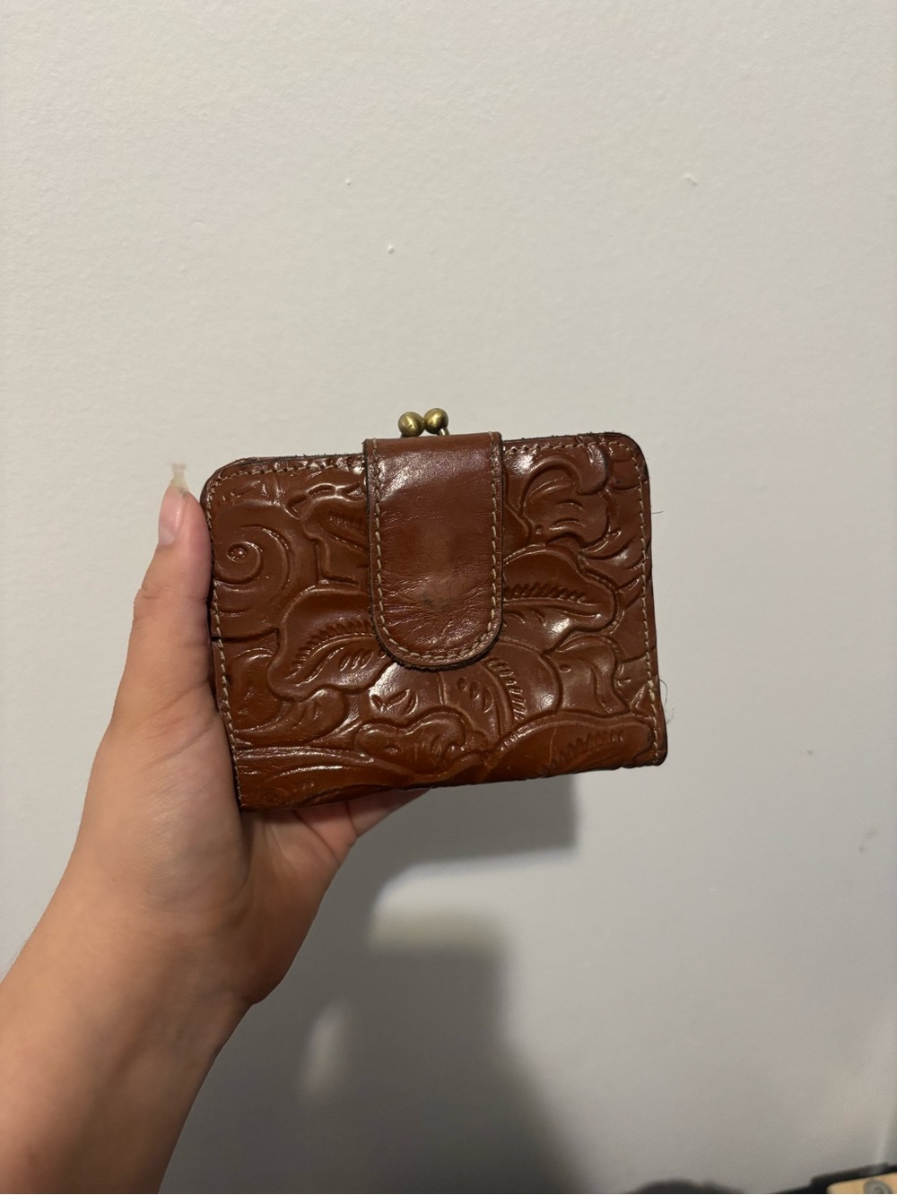 Patricia Nash Brown Embossed Leather Women's Mini Wallet - Classic Floral Design